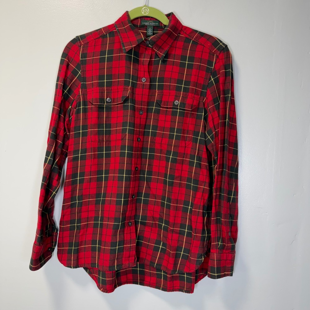 Lauren Ralph‎ Lauren Red Black Plaid Cotton Flannel Button Down Shirt Small